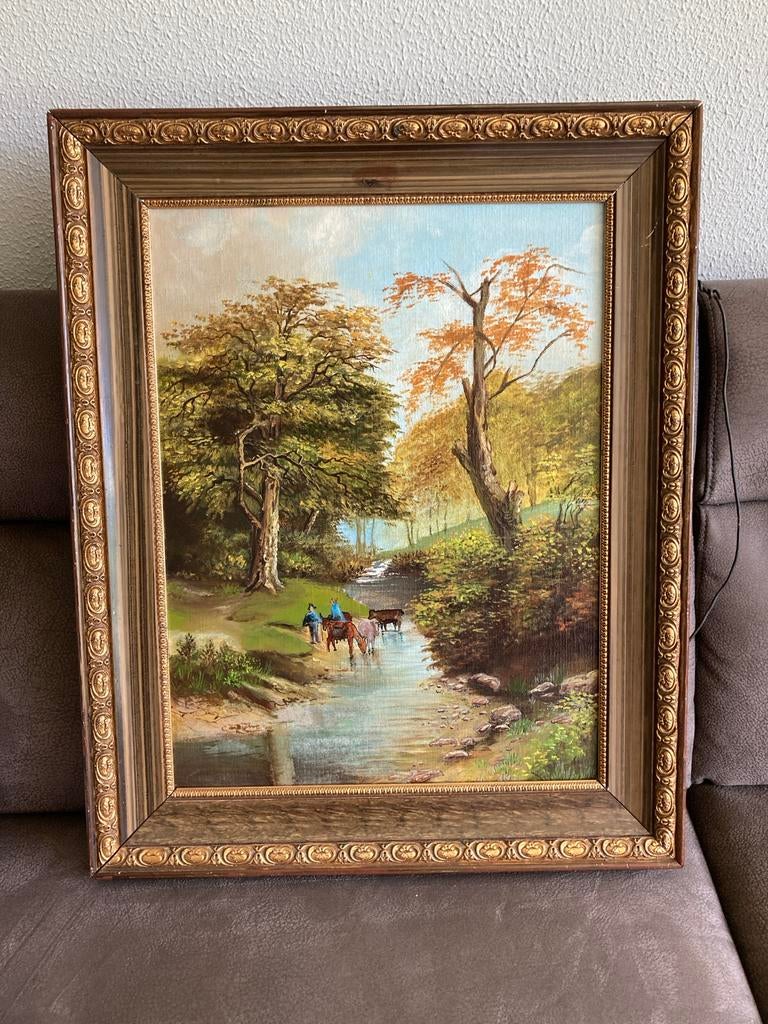 Olieverfschilderij: Boslandschap met figuren en water, Ophalen of Verzenden
