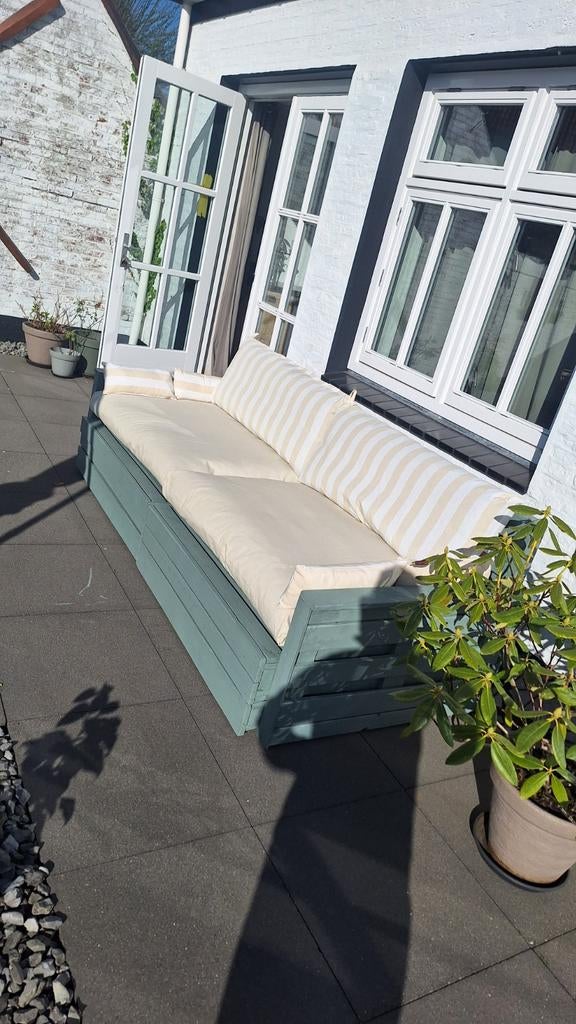 Prachtige, verrijdbare palletbank incl. nieuwe kussens, Tuin en Terras, Ophalen, Zo goed als nieuw, Hout