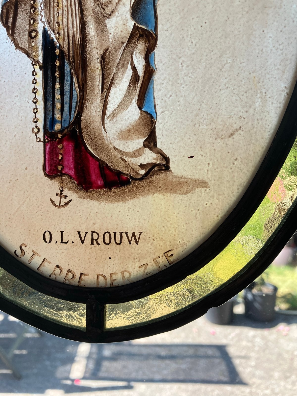 Antiek glas in lood paneel O.L. Vrouw Sterre der Zee, Ophalen of Verzenden