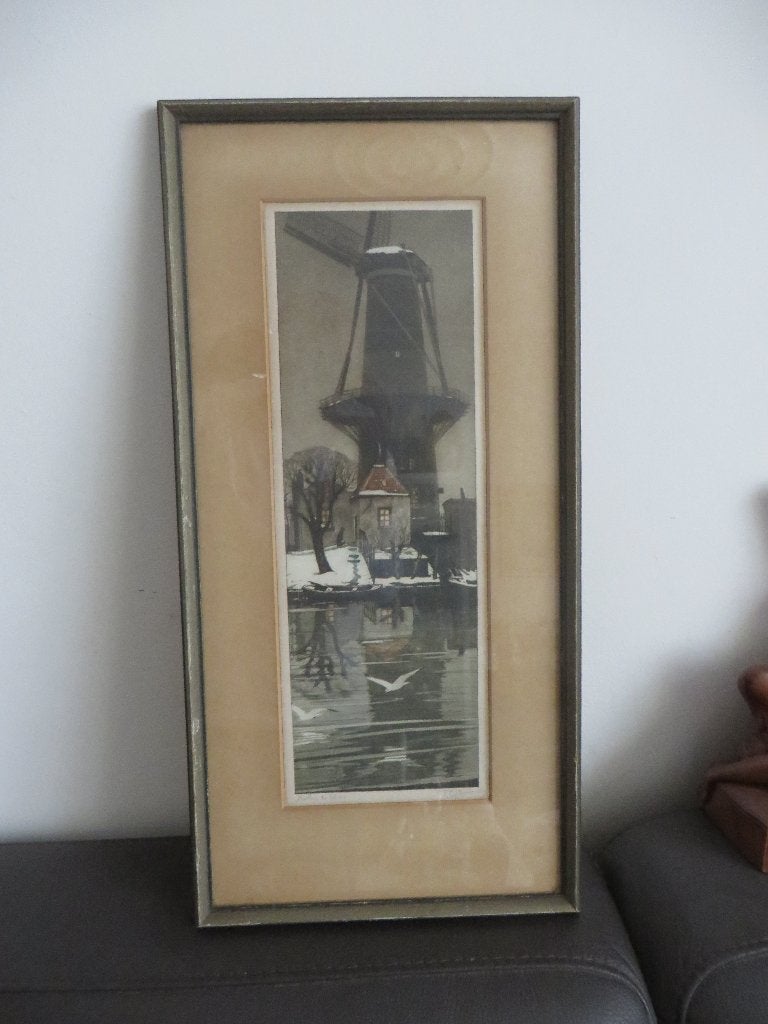 Prachtige kleur ets, Bottema, afbeelding molen de Stier, Handgekleurd, Ets, Stadsgezicht, Ophalen of Verzenden