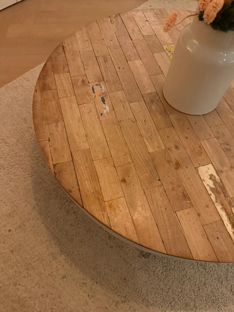 Ronde salontafel 100cm met houten blad en witte rand, Rond, Zo goed als nieuw, Minder dan 50 cm, Overige houtsoorten
