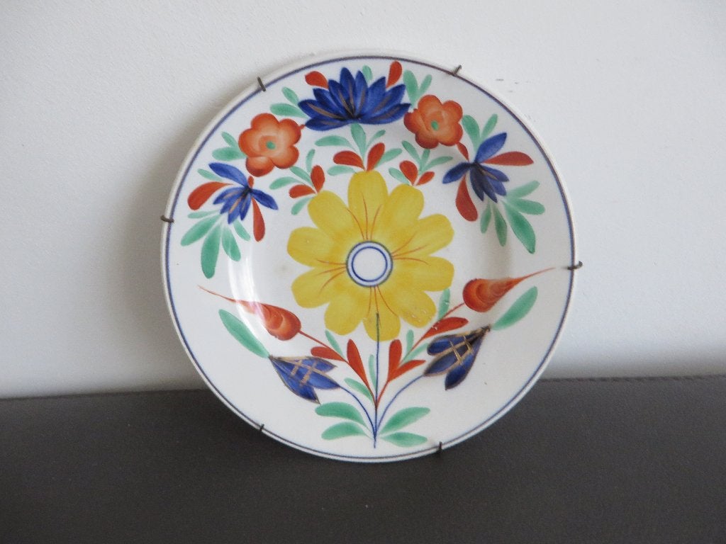 Antiek boerenbont bordje, hand beschilderd, met gele bloem, Ophalen of Verzenden