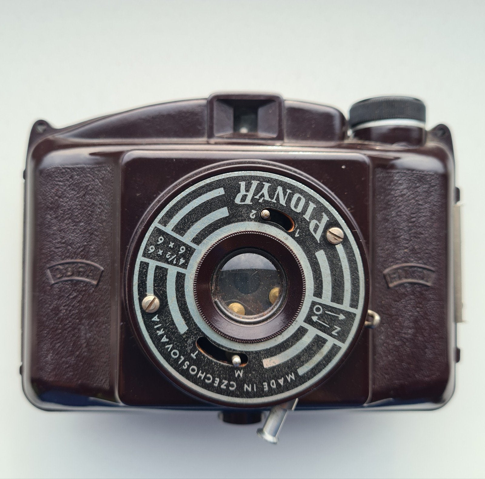 mooie PIONYR rood bruine BAKELIET camera met hoes, Ophalen of Verzenden, Voor 1940, Fototoestel