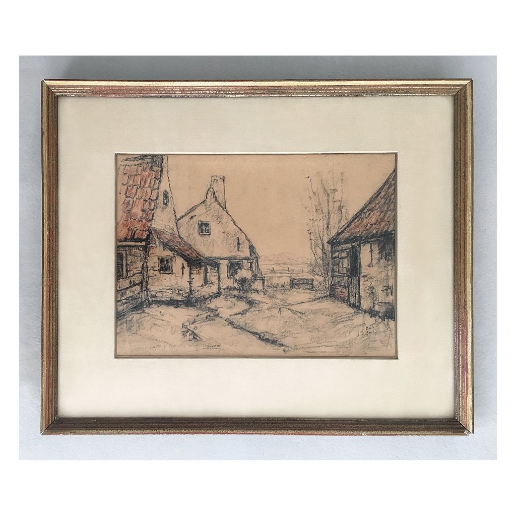 1939 JOS BUT TEKENING ZEEUWS DORP GESIGNEERD in ORIG. LIJST, Antiek en Kunst, Ophalen, Overig onderwerp, Papier/karton, Overige technieken