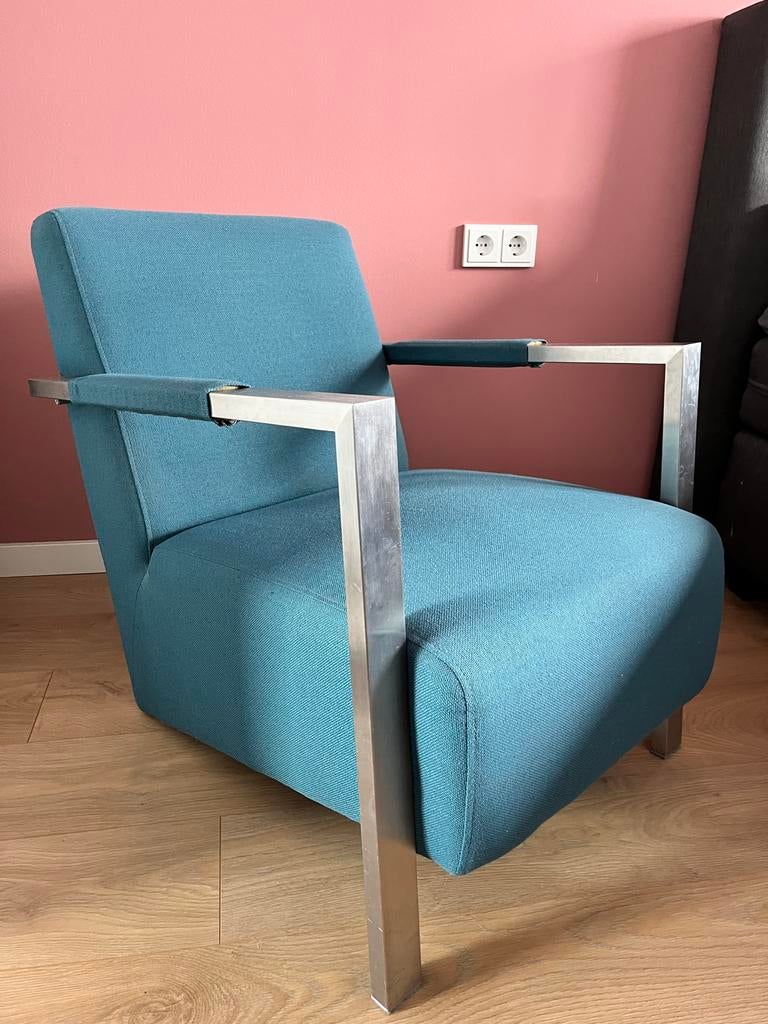 Petrol blauwe fauteuil met metalen frame, Huis en Inrichting, Fauteuils, Ophalen, Gebruikt, 75 tot 100 cm, Metaal