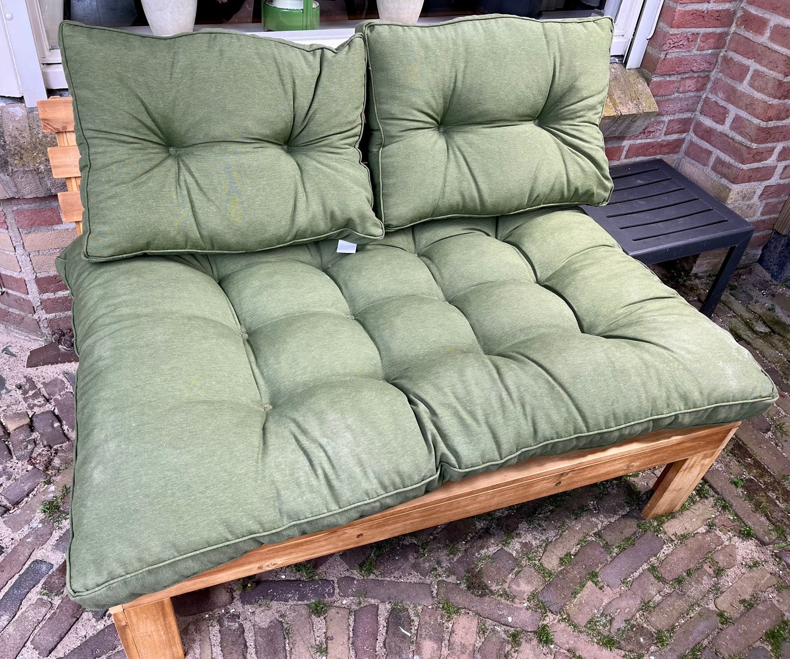 Loungebank Perugia naturel-acacia hout inclusief kussens., Zo goed als nieuw, Loungeset, Bank, Hout