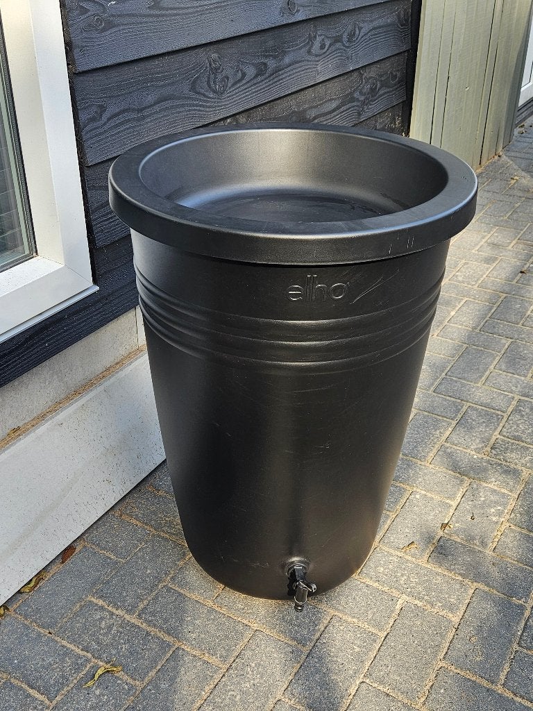 Elho green basics regenton met bloembak zwart 200 L, Ophalen, Kunststof, Met kraantje, 75 tot 150 liter