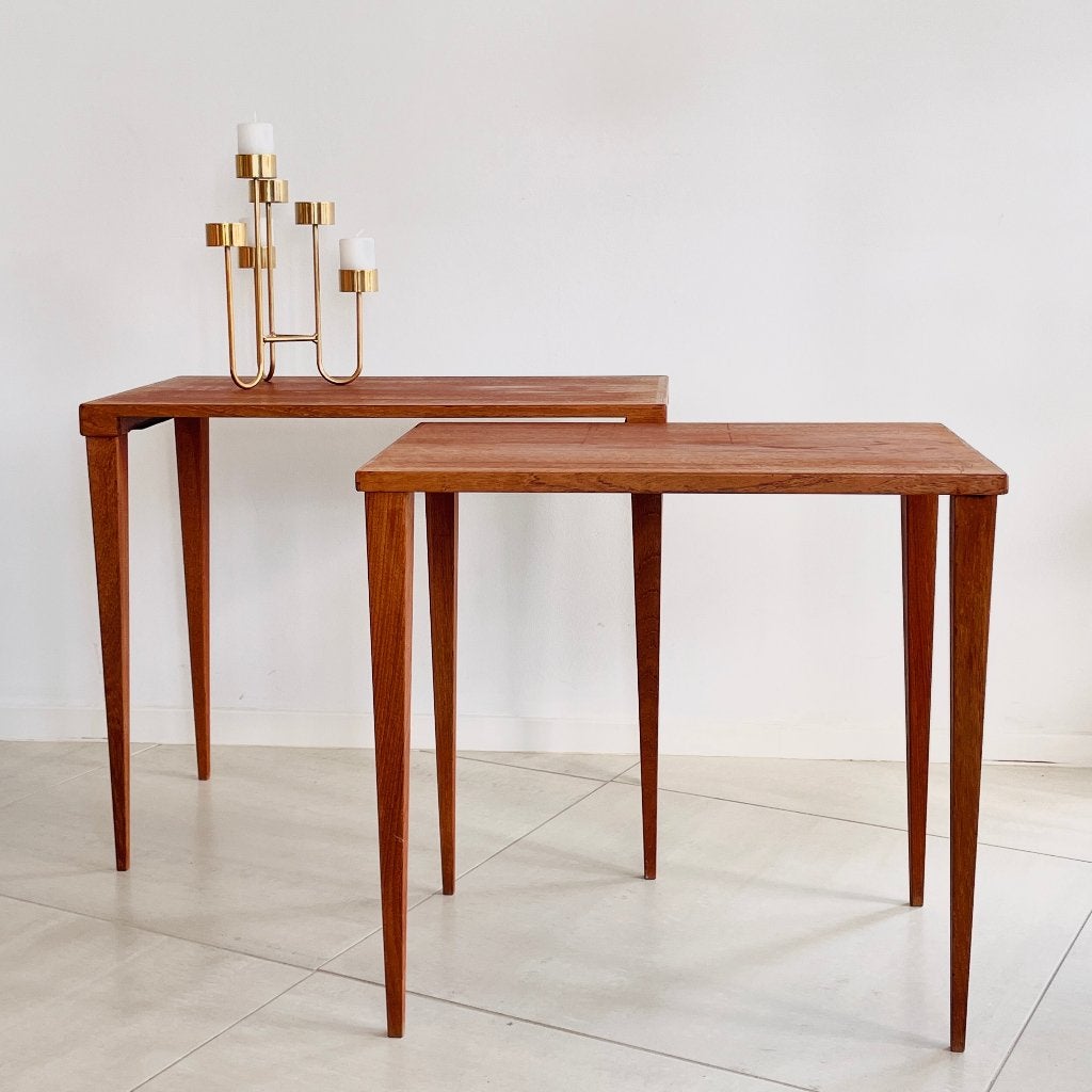 vintage teak TAFELTJES mimiset nesting tables Mid Century, 45 tot 60 cm, Gebruikt, -, -