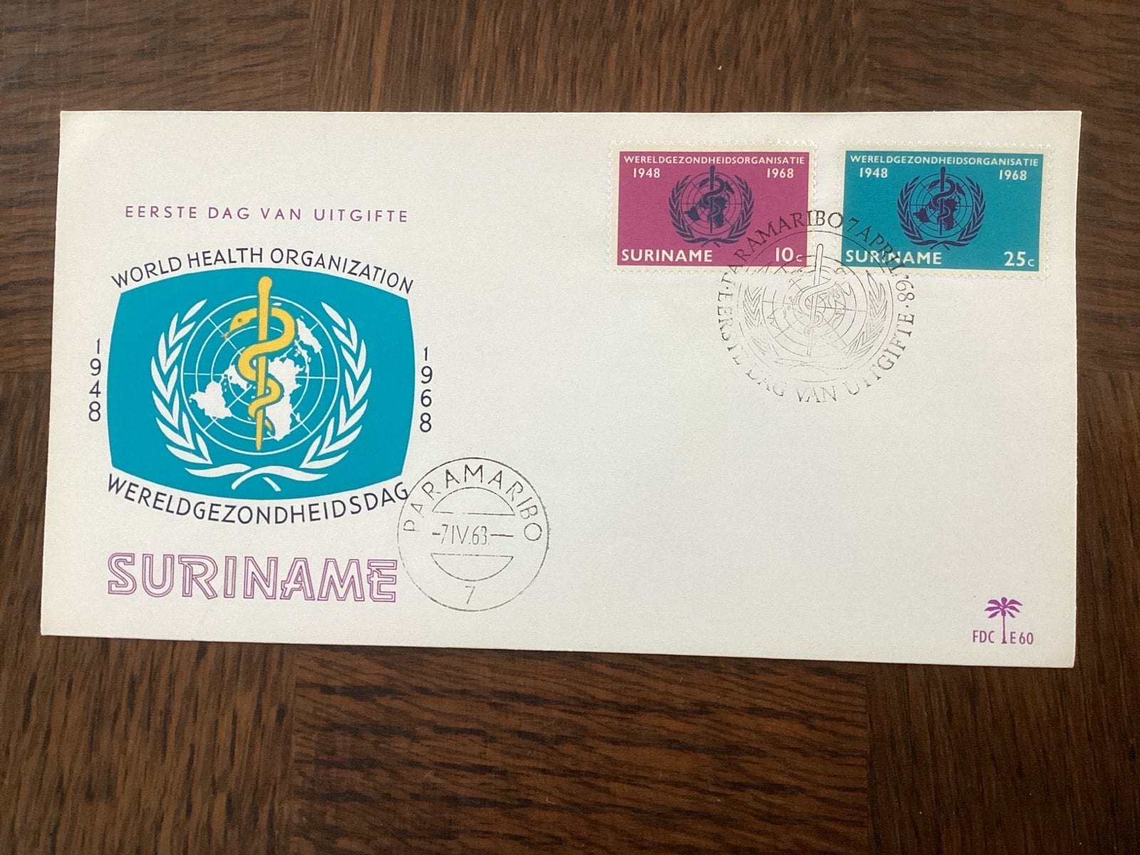 Eerste Dag Uitgifte WHO Suriname 1968, Ophalen of Verzenden, Onbeschreven, Rest van de wereld