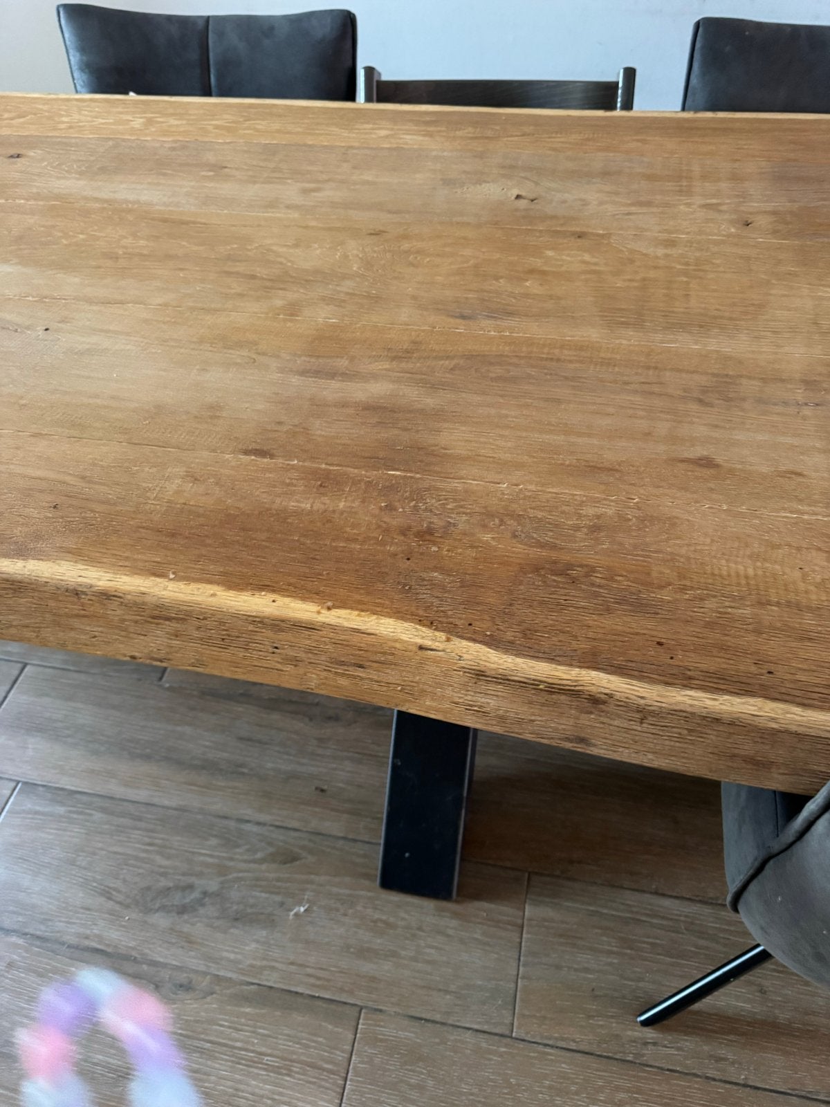 Boomstamtafel 6 persoons met industriële poot, Ophalen, 50 tot 100 cm, Zo goed als nieuw, Vijf personen of meer