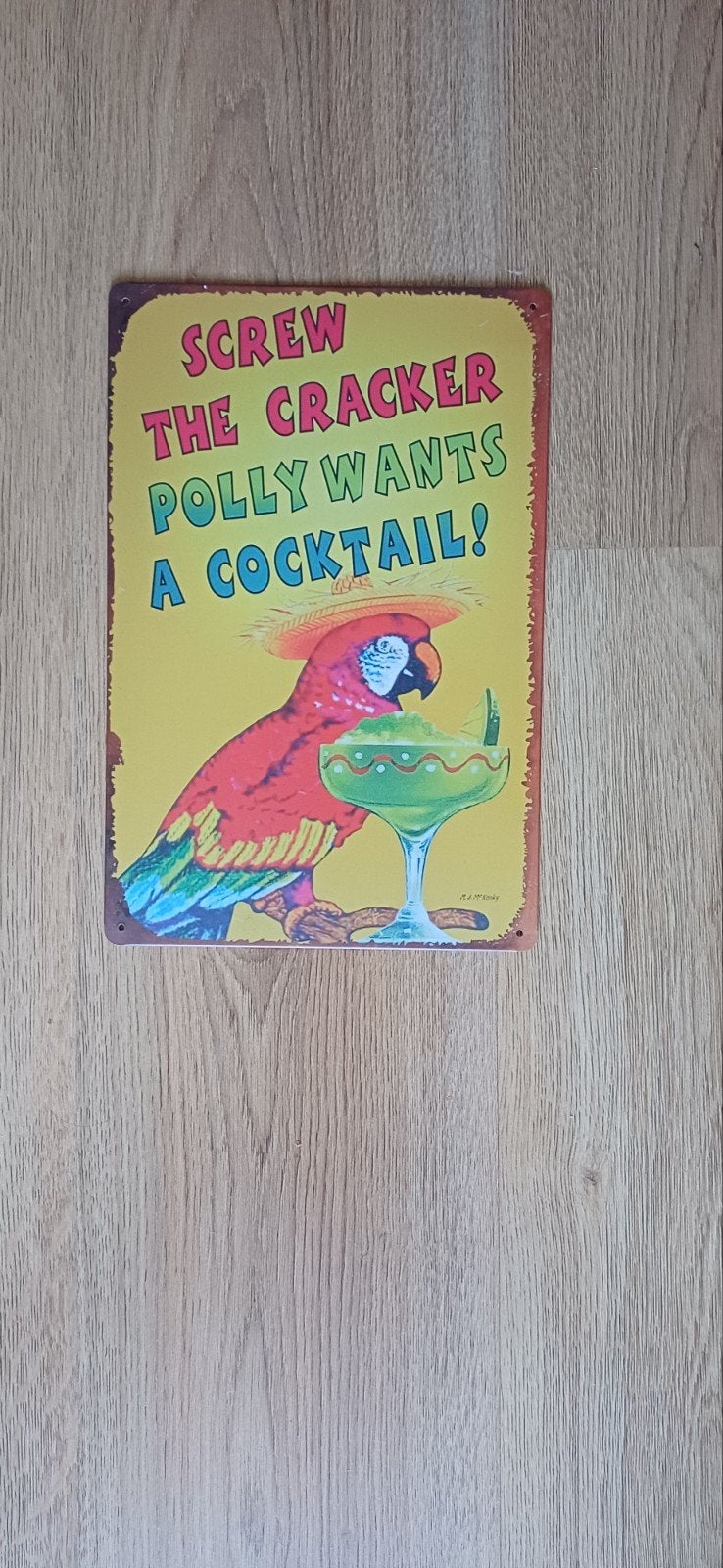 Metalen wandbord-'Polly wants a cocktail, Vintage, Gebruikt, Meerkleurig, Ophalen of Verzenden