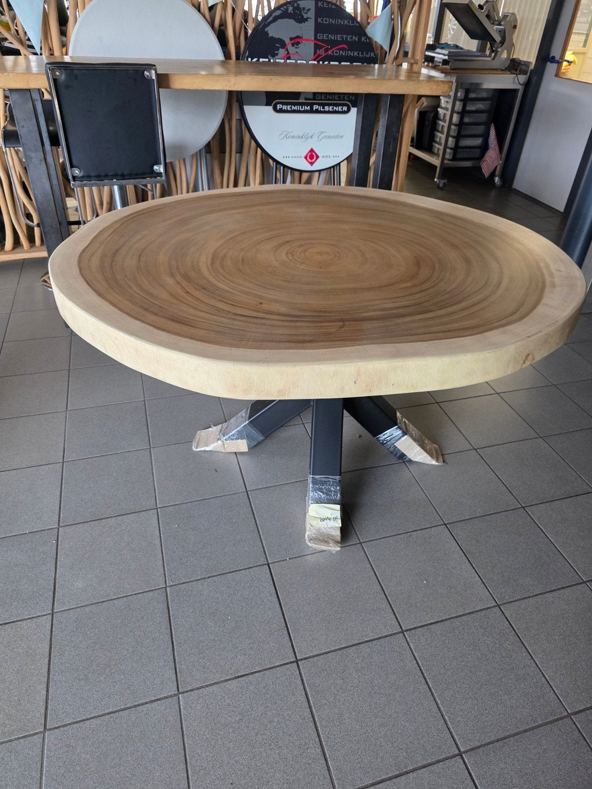 Boomstam tafel suar rond 140/150, Rond, Nieuw, Ophalen of Verzenden, 100 tot 150 cm