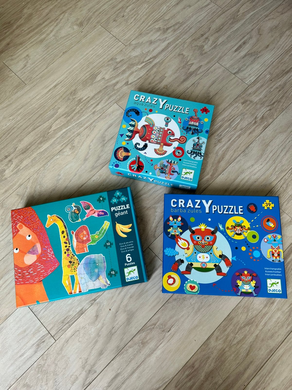 3x Djeco Crazy Puzzles - Dieren & Monsters, Ophalen, 10 tot 50 stukjes, Gebruikt, 2 tot 4 jaar