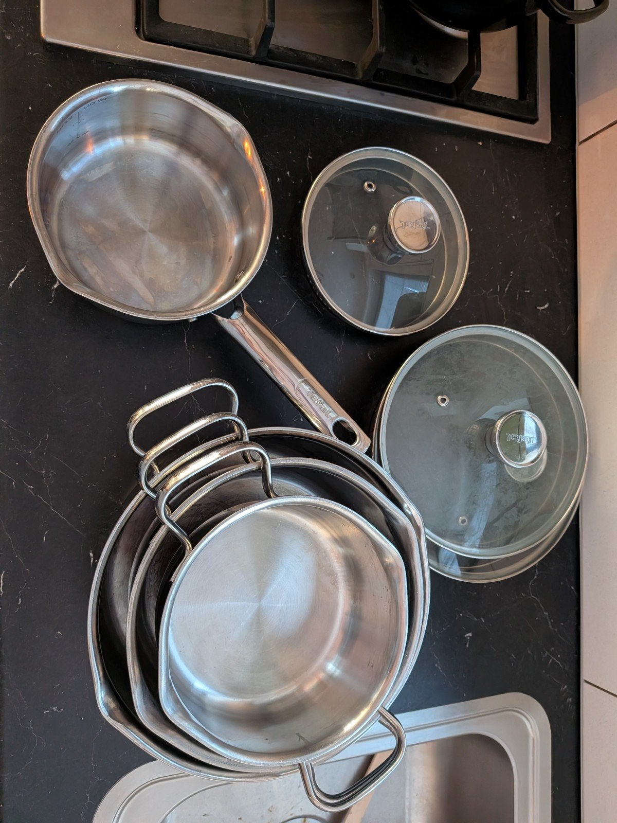Tefal Pannenset 4-delig RVS met 3 deksels, Huis en Inrichting, Geschikt voor inductie, Pannenset, Ophalen of Verzenden, Rvs