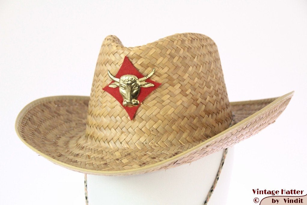 Vintage Western hoed geel stro met rode buffel-patch 56, Kleding | Dames, Hoeden en Petten, Gedragen, Hoed, 56 of 57 cm (M, 7 of 7⅛ inch)