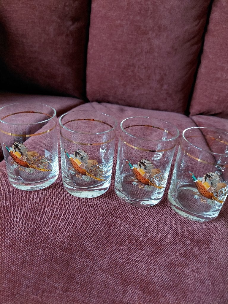 4 whiskyglazen met fazant, Ophalen of Verzenden