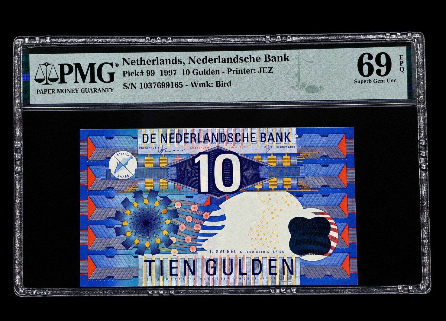 Nederland 10 GULDEN IJSVOGEL 1997  PMG 69 EPQ  SUPERB, Ophalen of Verzenden, 10 gulden, Los biljet