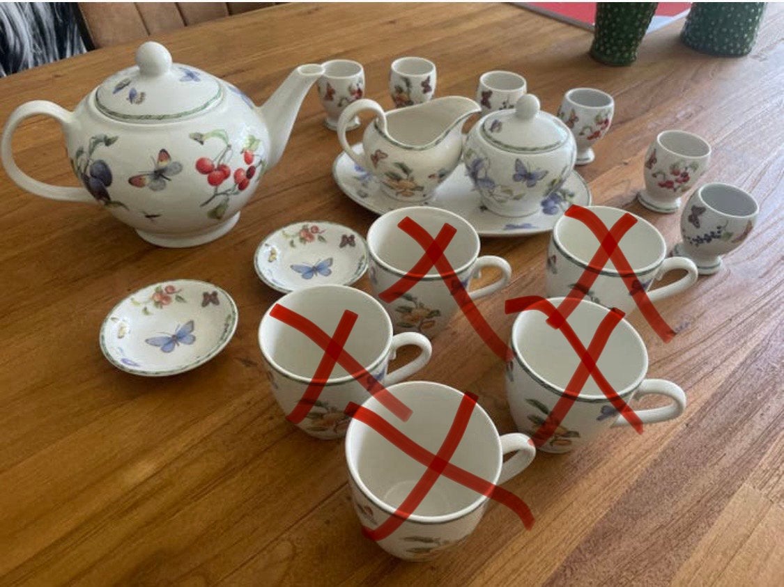 Janneke Brinkman Theeservies met vlinders en fruit - Vintage, Overige merken, Keramiek, Vintage, Ophalen of Verzenden