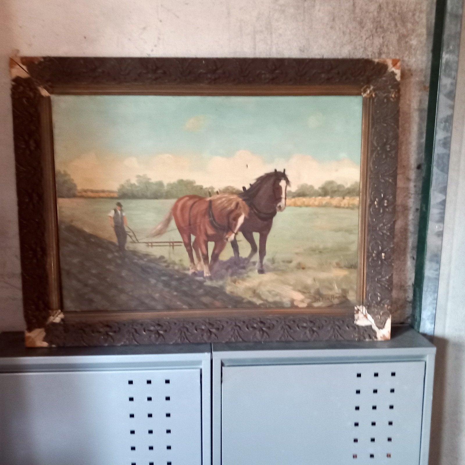Schilderij met paarden en ploegende boer - J.H. ter Haar, Ophalen, Doek, Realistisch, Origineel werk