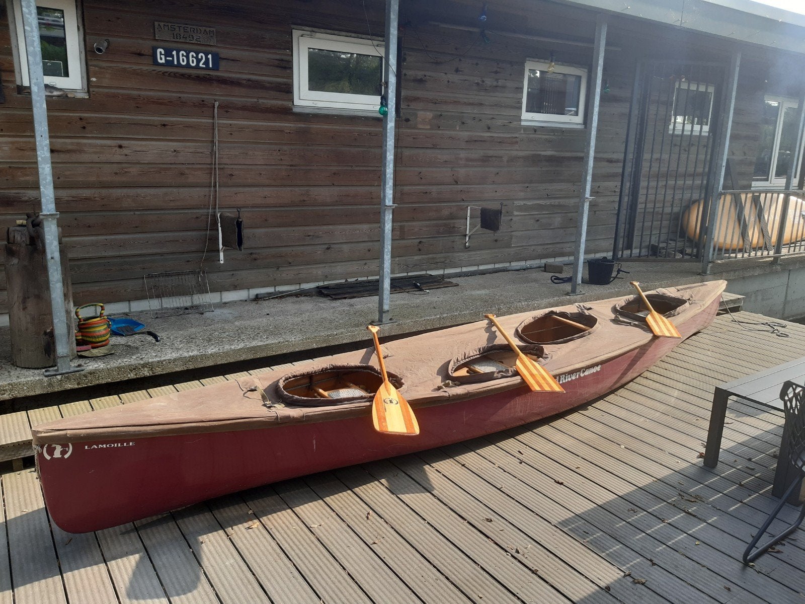 klassieke 3-4 persoons kano Lamoille Mad River Canoe, Ophalen, Gebruikt, Canadese kano of Open kano, Met peddels