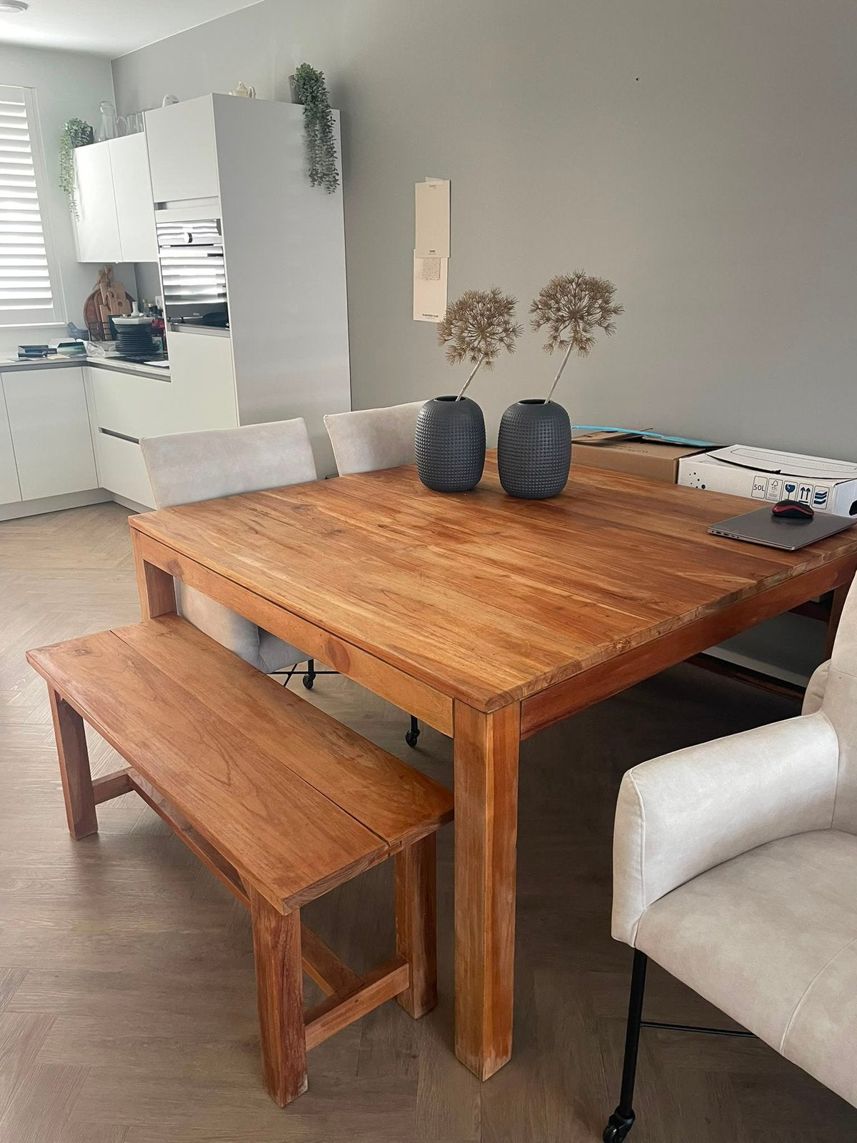 Massief teak houten eethoek + salon tafel, Ophalen, Teakhout, Zo goed als nieuw, Rechthoekig