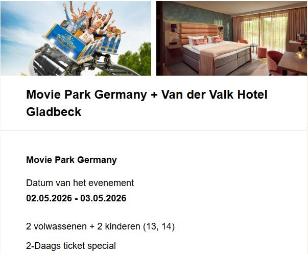 2-daags Movie Park Germany + Hotel (2 volw + 2 kids) 2/3 mei, Tickets en Kaartjes, Drie personen of meer, Ticket of Toegangskaart