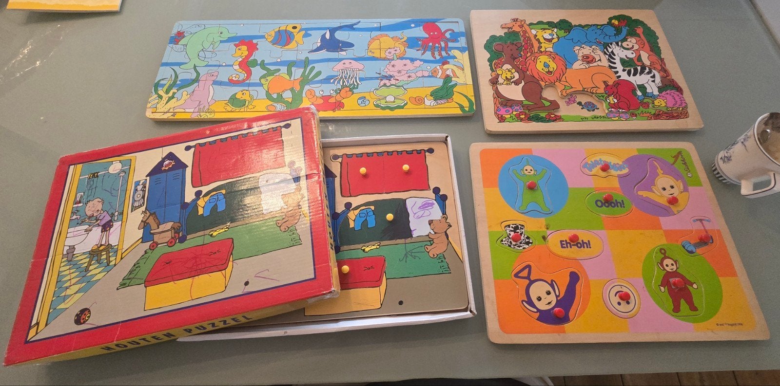 Houten puzzels voor kinderen (4 stuks), Ophalen of Verzenden, Minder dan 10 stukjes, Gebruikt, 6 maanden tot 2 jaar