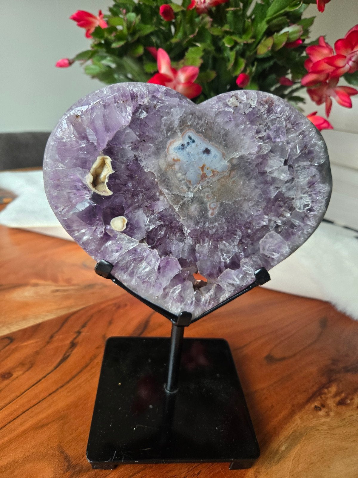 groot amethyst  met agaat hart op standaard, Ophalen of Verzenden