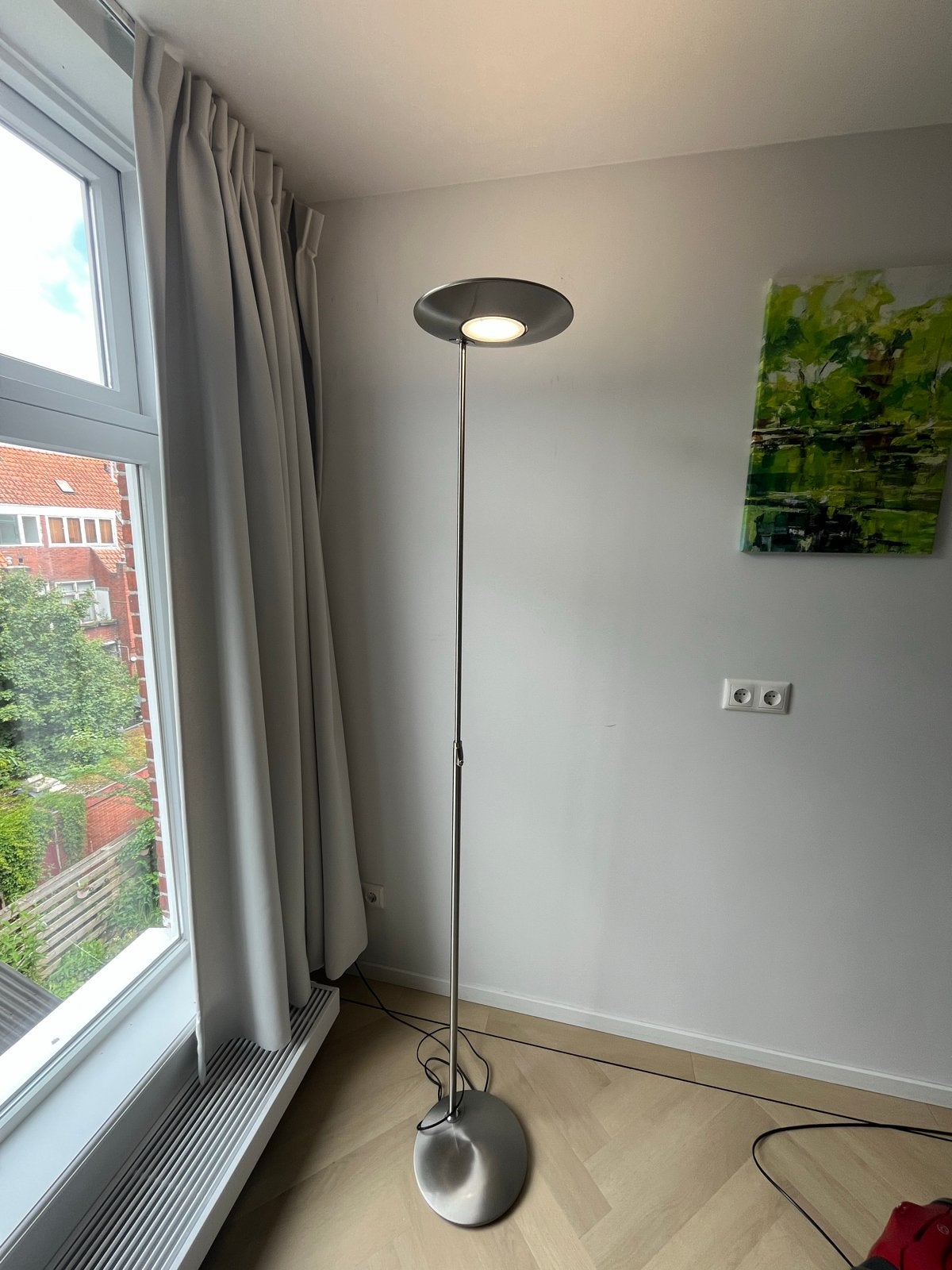 Moderne LED Vloerlamp - Zilverkleurig, Dimbaar, Ophalen, Zo goed als nieuw, Metaal, 150 tot 200 cm