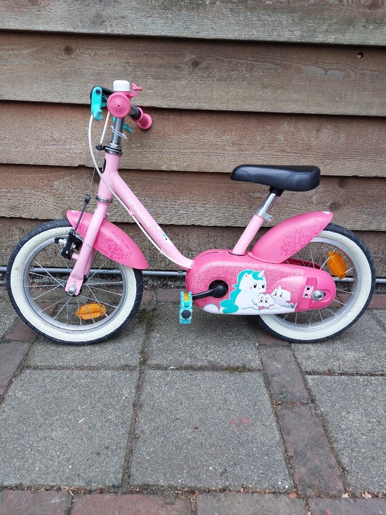 Fiets 14 inch 3-5 jaar unicorn b'twin + zijwieltjes, Ophalen, Zijwieltjes, Minder dan 16 inch, Decathlon B'Twin
