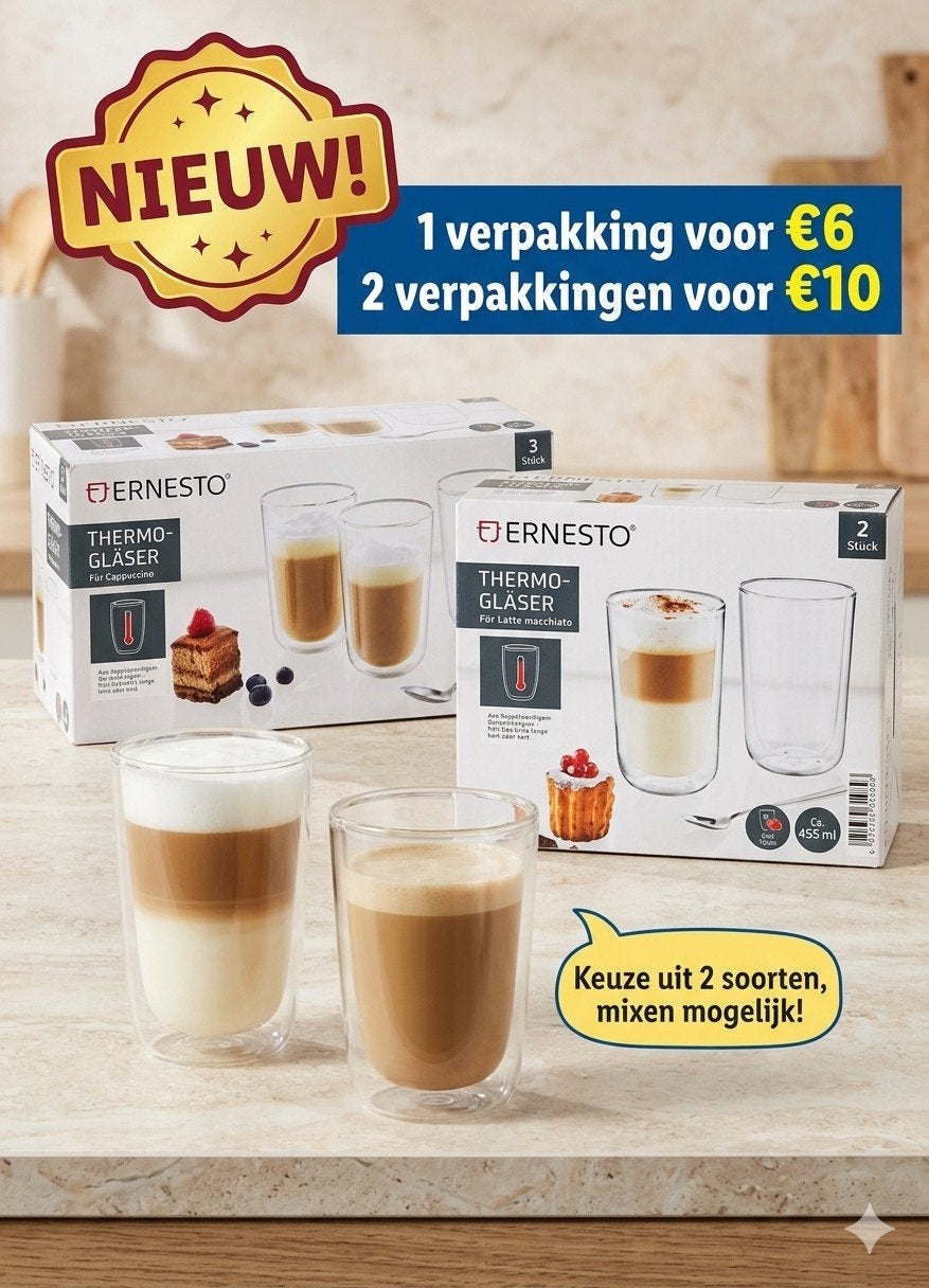 Nieuwe Ernesto Thermo-glazen voor Cappuccino/Latte Macchiato, Ernesto, Nieuw, Ophalen of Verzenden, Glas