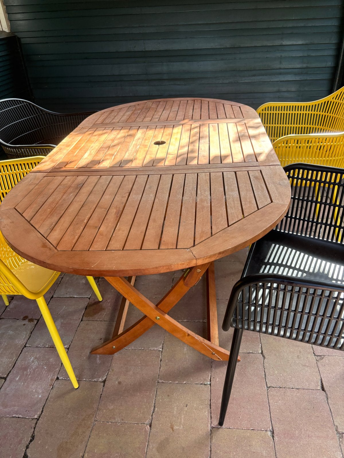 Uitschuifbare Teakhouten Tuin-/Balkontafel, Tuin en Terras, Tuintafels, Ophalen, Gebruikt, Ovaal, Teakhout