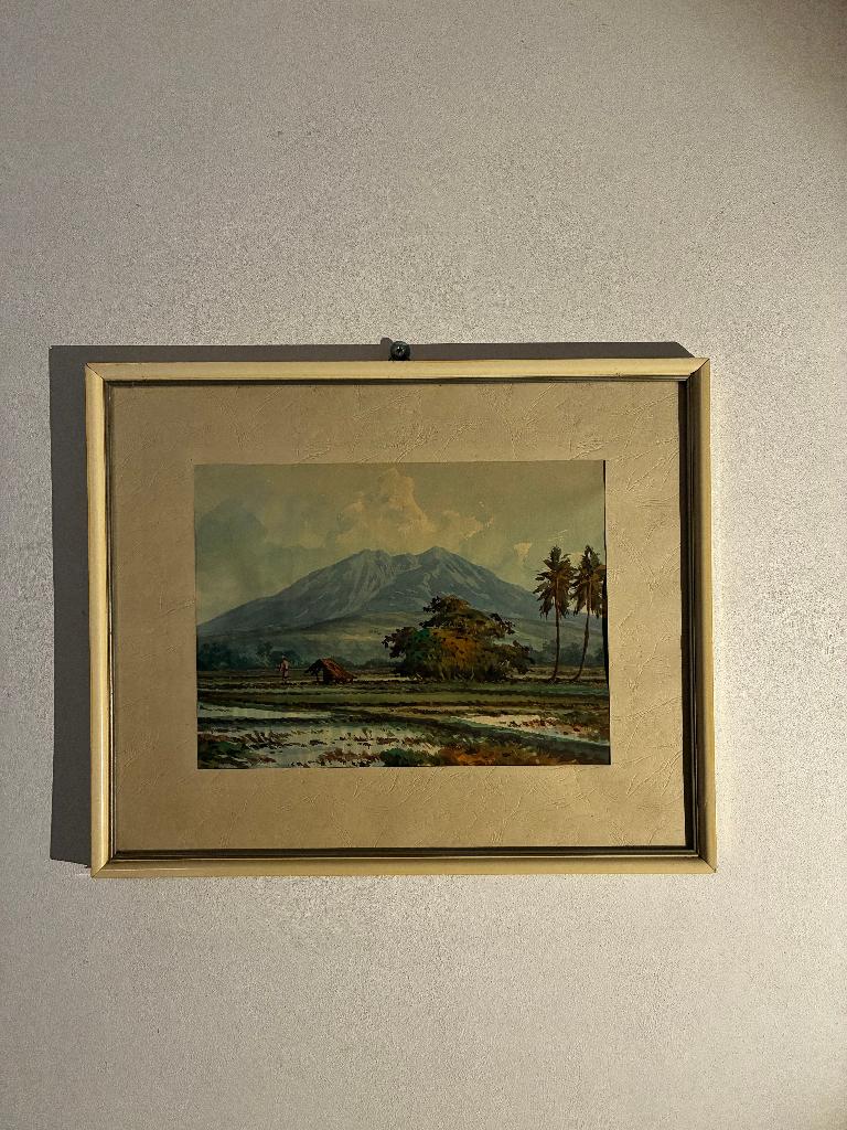 Aquarel Mochtar Apin sawahs, Ophalen of Verzenden
