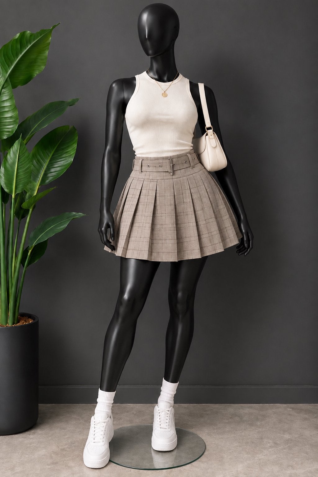 FB Sister geruite miniplooirok met riem, Maat 38/40 (M), Beige, Ophalen of Verzenden, Zo goed als nieuw