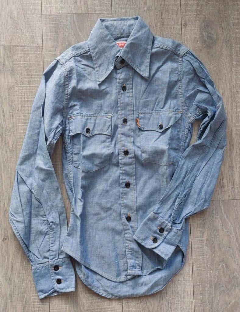 Vintage 70s Levis Big E Orange tab shirt XS, Ophalen of Verzenden, Gedragen, Maat 34 (XS) of kleiner, Blauw