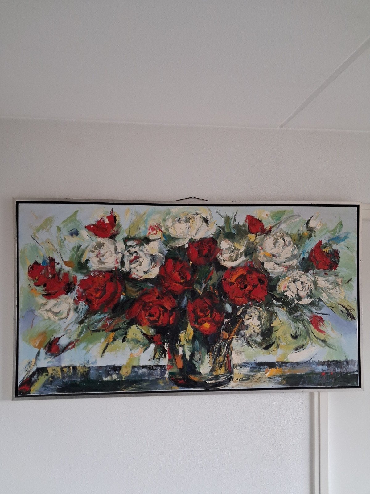 Schilderij met rode en witte bloemen, gesigneerd, Handgeschilderd, Ophalen of Verzenden, Olieverf, Bloemen