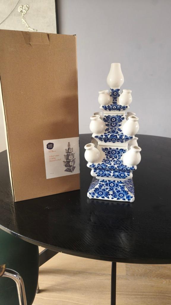 Heinen Delfts Blauw Tulpenvaas – 3-delig Bloemmotief – 40 cm, Blauw, Aardewerk of Porselein, Ophalen of Verzenden, Zo goed als nieuw