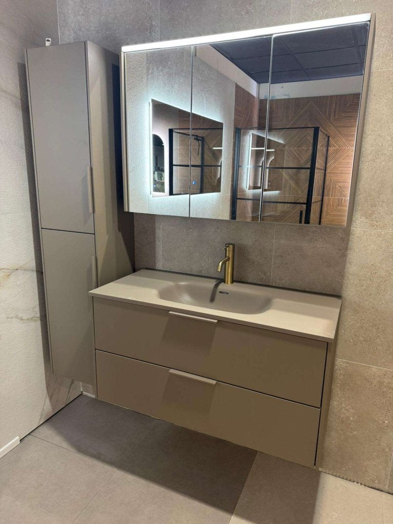 Badmeubel 100cm taupe met wastafel + spiegelkast + kolomkast, Niet ingevuld, Niet ingevuld, Nieuw, Met bad
