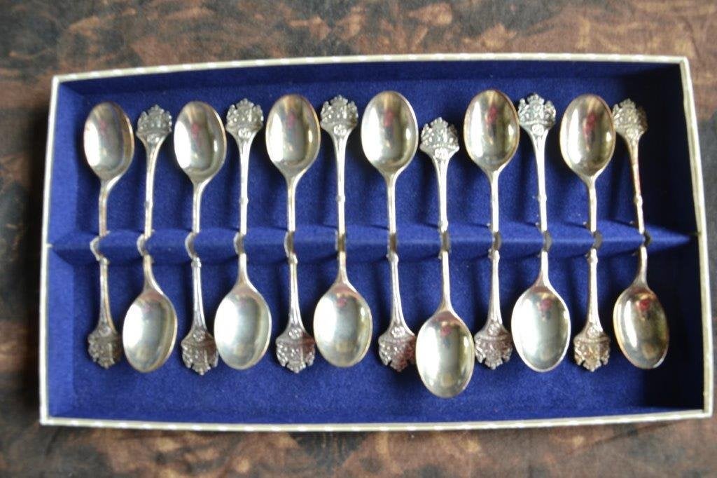 12 echt zilveren Je Maintiendrai theelepels originele doos., Antiek en Kunst, Ophalen of Verzenden