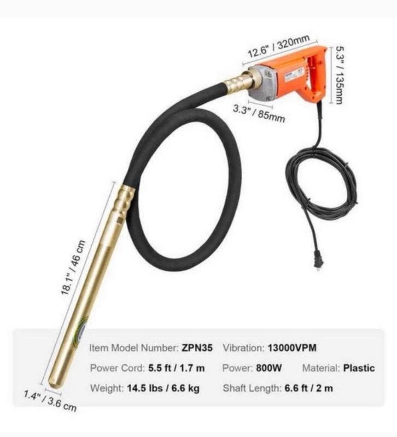 NIEUW Vibro-naald Betonvibrator 1250w beton vibronaald 2M, Nieuw, Ophalen of Verzenden, H, H