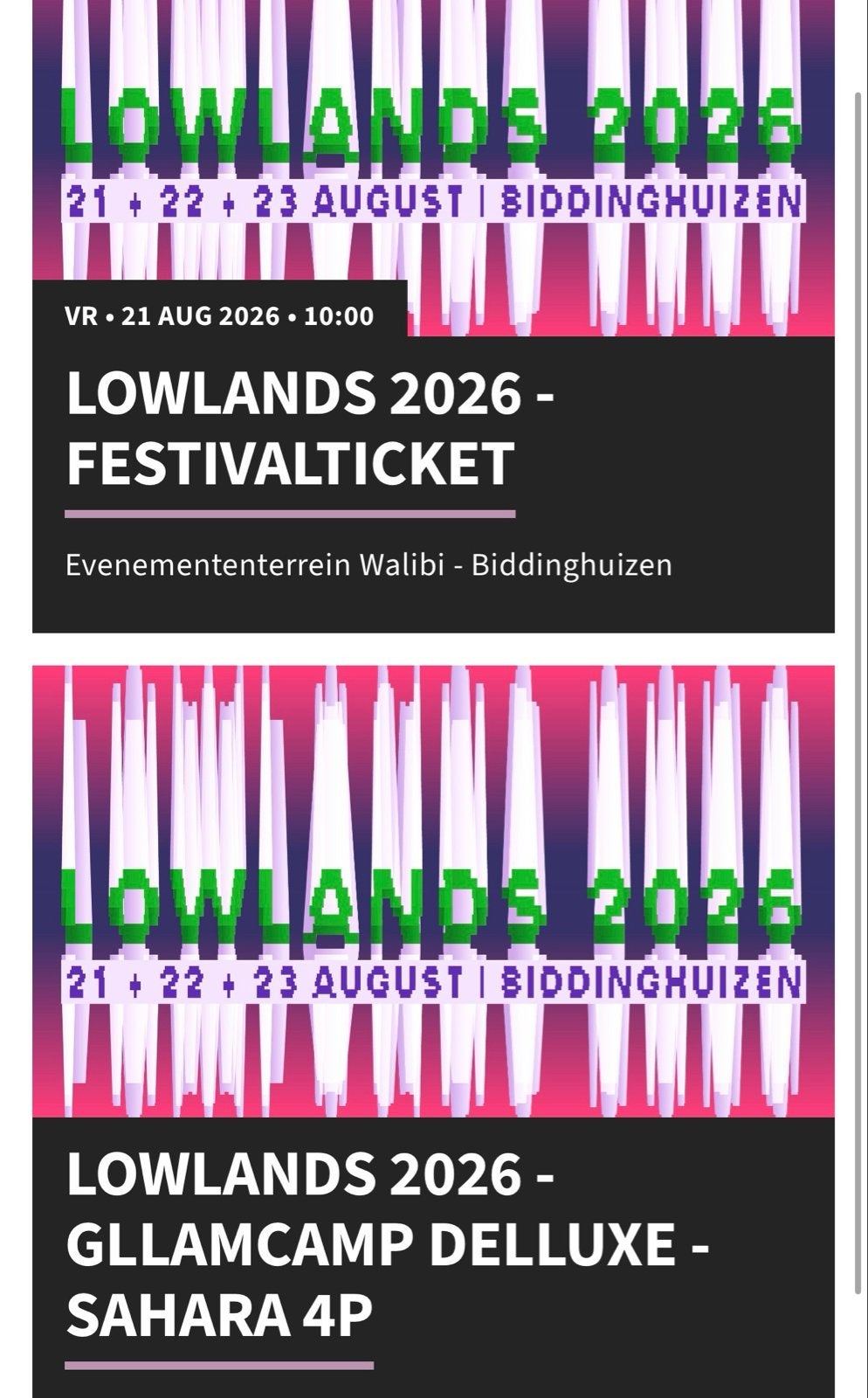 Lowlands kaarten 4x + Glamcamp deluxe 4p, Drie personen of meer
