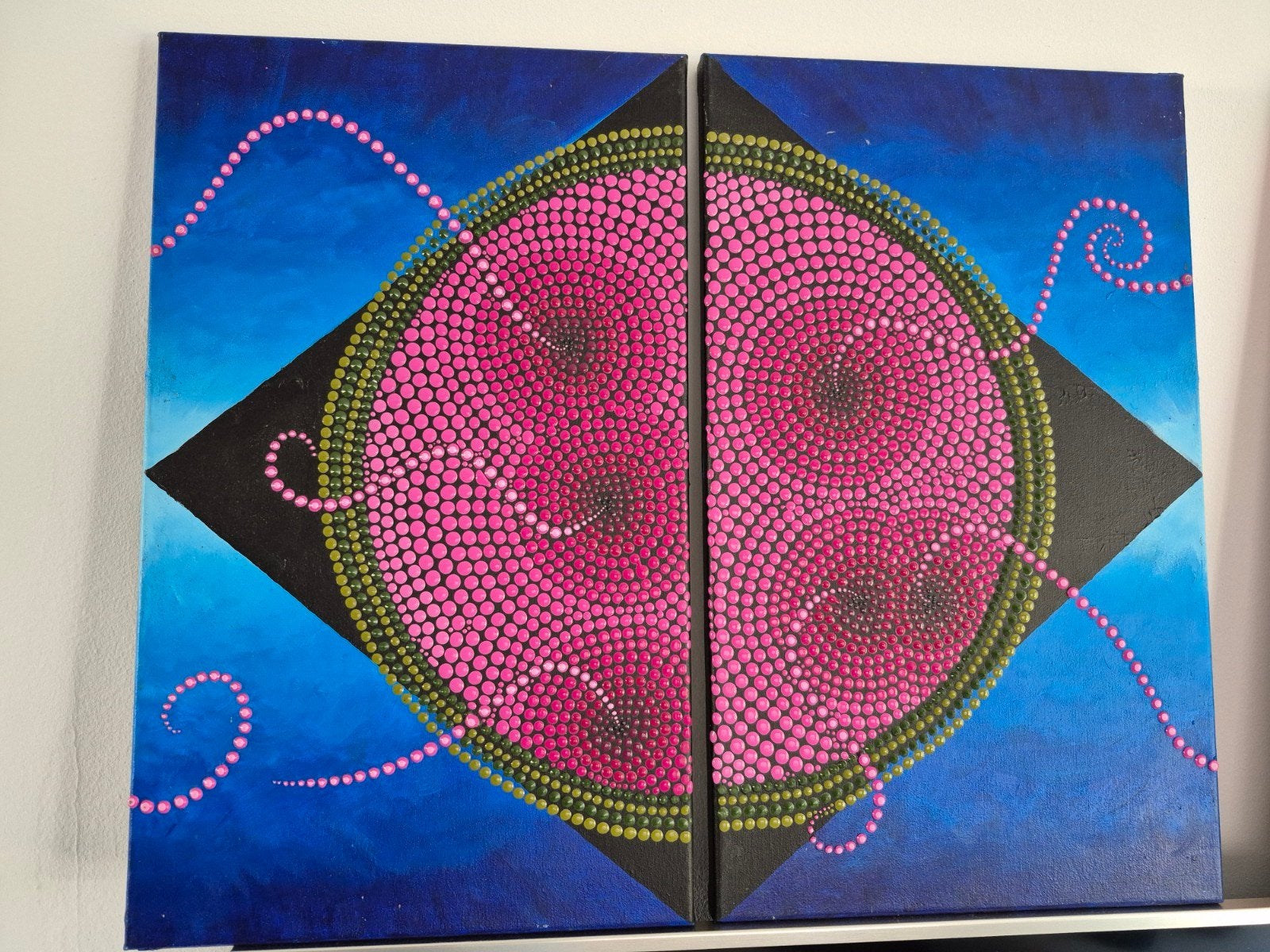 Tweeluik op canvas - Abstracte stippenkunst 30x40 cm, Gesigneerd, Abstract, Acrylverf, Ophalen of Verzenden