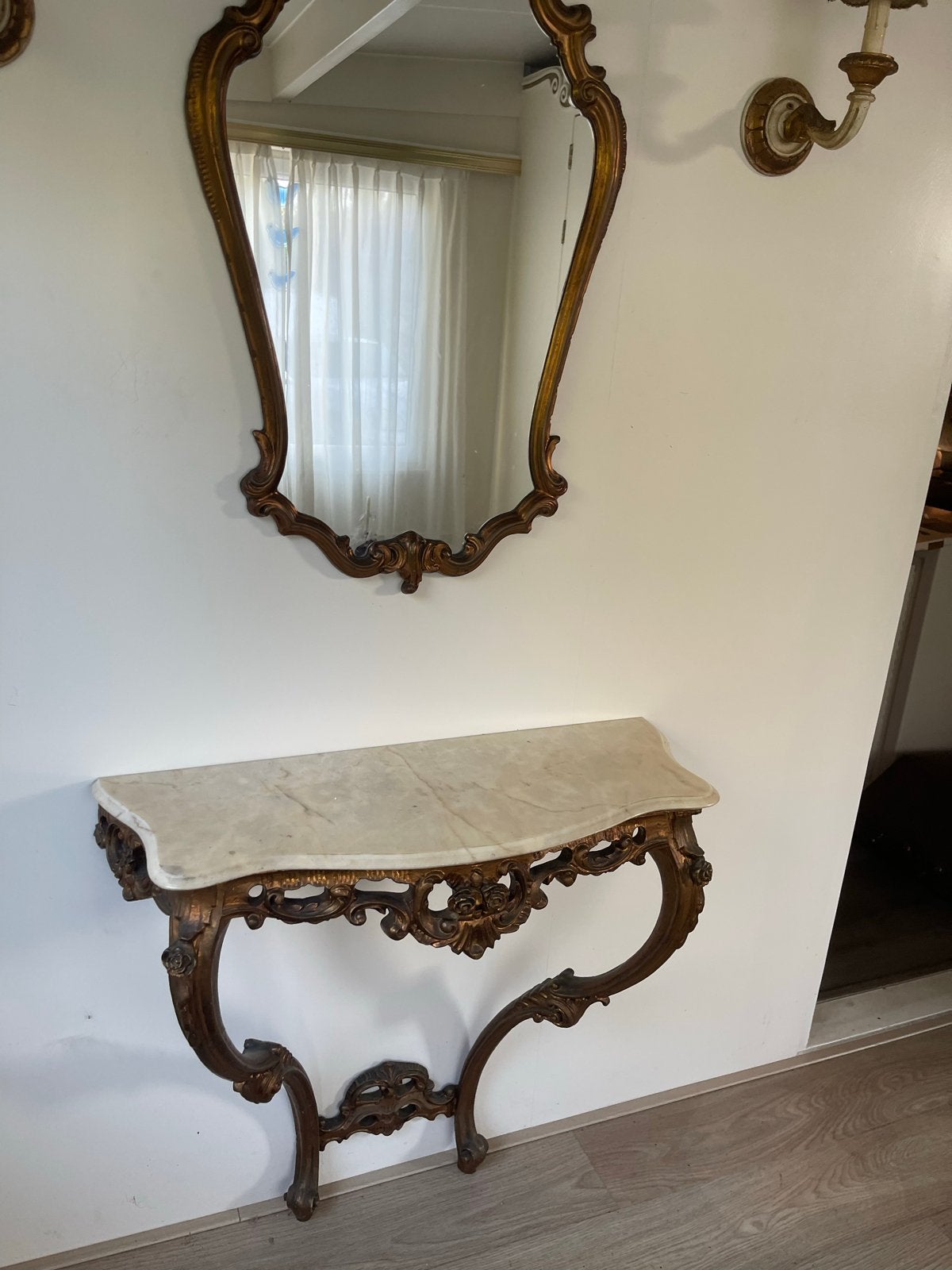 Antieke Console Tafel met Marmeren Blad en Spiegel, Ophalen, Overige vormen, 50 tot 100 cm, 100 tot 150 cm