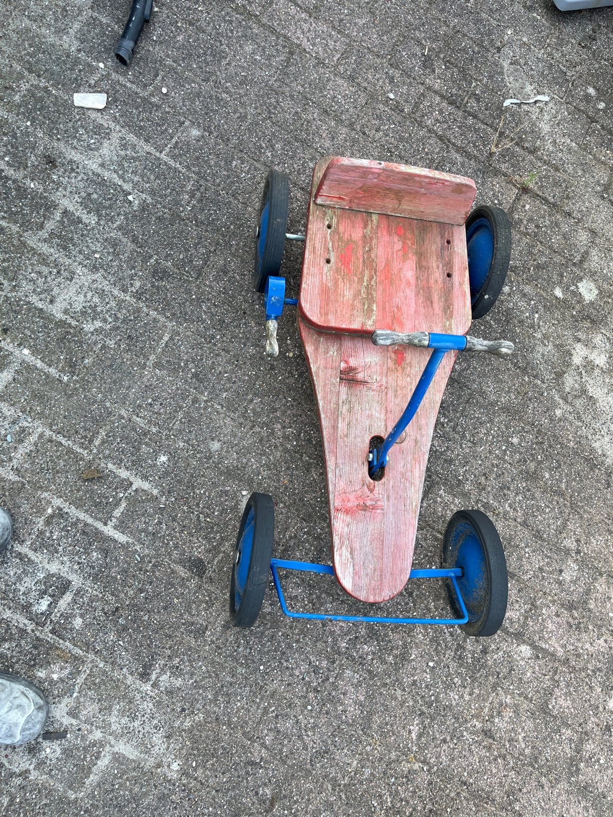 Vintage houten loopauto - rood/blauw, Ophalen, Gebruikt, Loopvoertuig