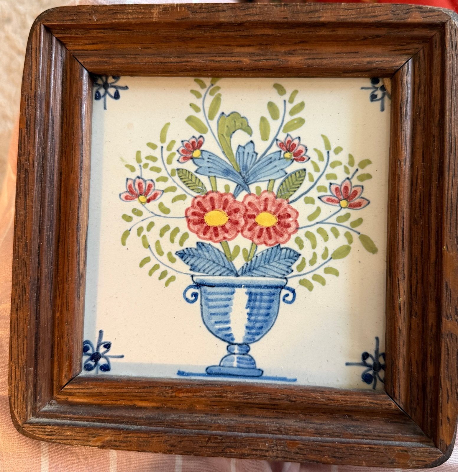 Delfts blauw stijl tegel in houten lijst, Ophalen of Verzenden