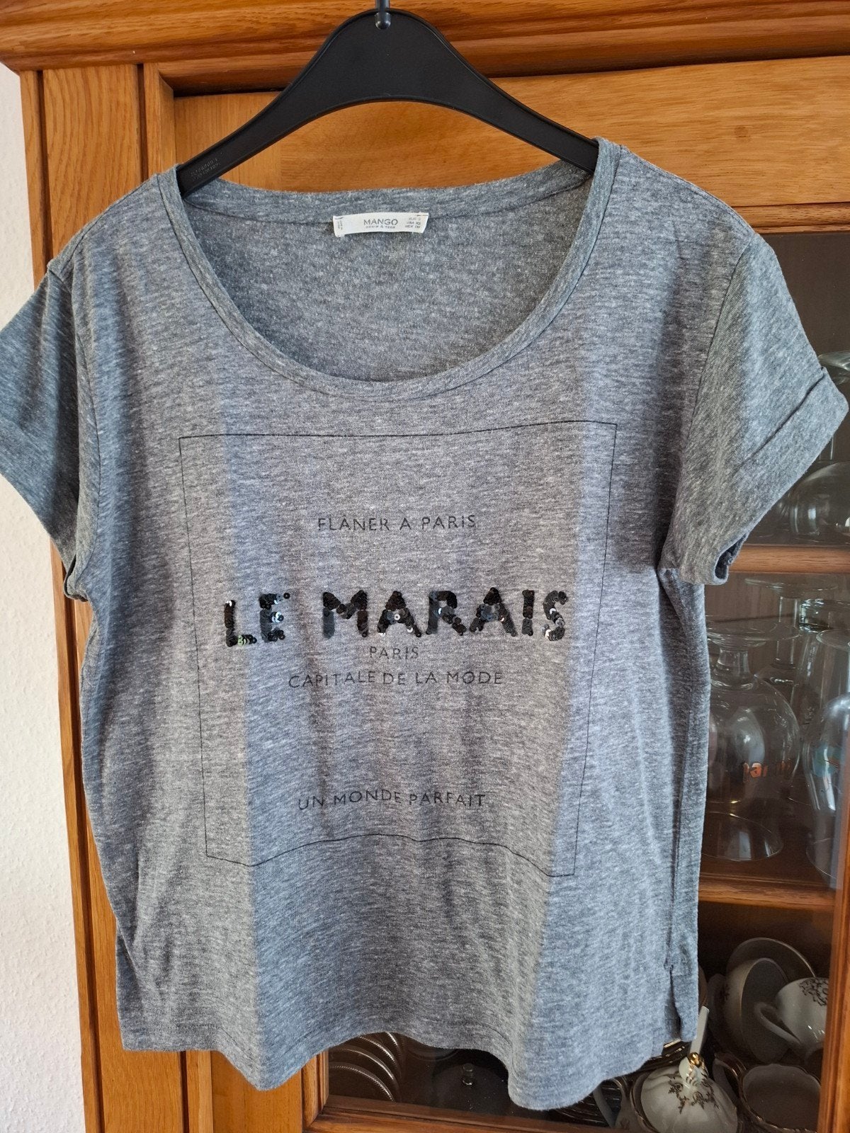 Mango grijs gemêleerd T-shirt met Franse tekstprint, Mango, Ophalen of Verzenden, Korte mouw, Maat 36 (S)