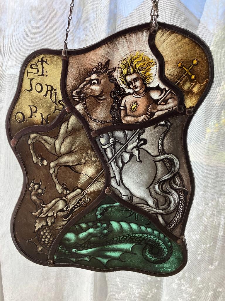 Gebrandschilderd glas in lood St.Joris 1947, Ophalen of Verzenden