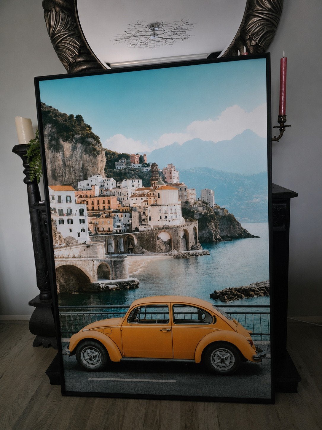 Unieke foto Amalfi met VW Kever - 120x80 cm, Ophalen