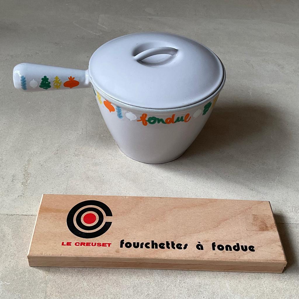 Vintage Le Creuset fonduepan met deksel en 6 fonduevorken, Verzenden