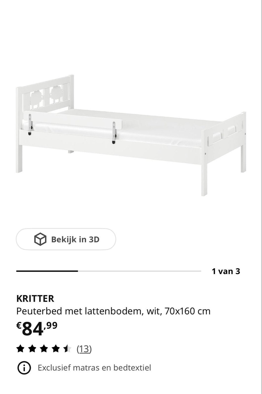 Peuterbed met lattenbodem - IKEA Kritter, Kinderen en Baby's, Kinderkamer | Bedden, Ophalen, Gebruikt, 70 tot 85 cm, Lattenbodem